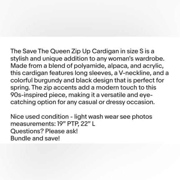 Save The Queen Zip Up Cardigan Size S Moto Alpaca Blend Burgundy Black - Picture 15 of 15